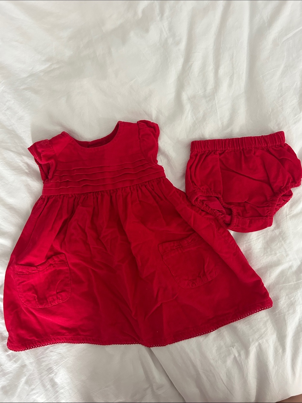 JoJo Maman Bebe Bright Red Corduroy Pinafore Dress with Matching Bloomers